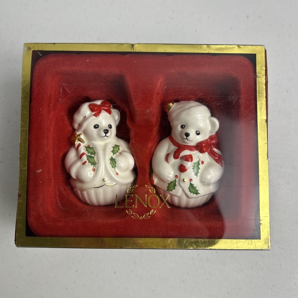 Lenox Holiday Teddy Bear Salt and Pepper Shakers. 2.5"Tall. Original Box